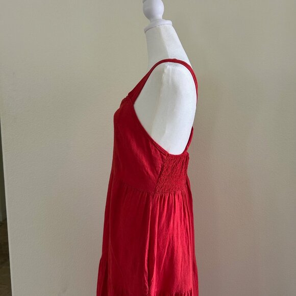 Linen Dress Cross Back Tiered Red Midi Pockets Sweetheart Neck Boho Beach Resort - Picture 3 of 7